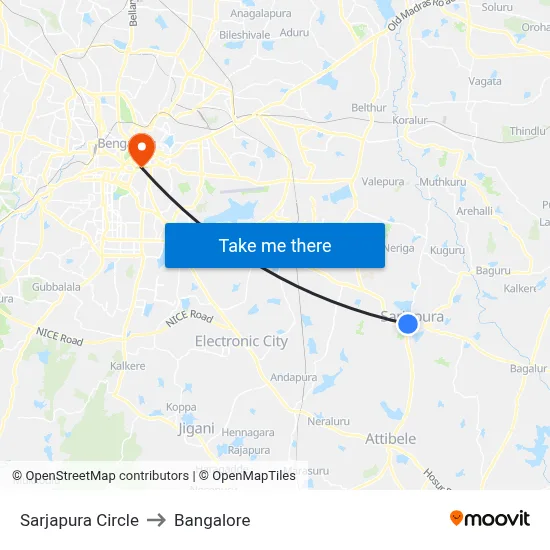 Sarjapura Circle to Bangalore map