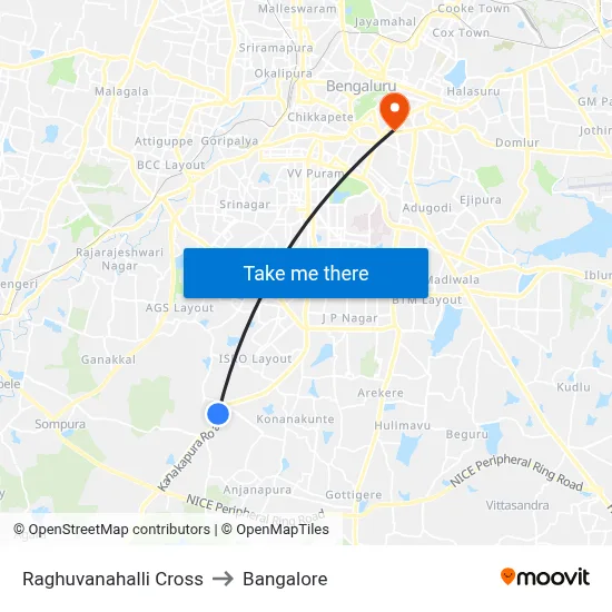 Raghuvanahalli Cross to Bangalore map