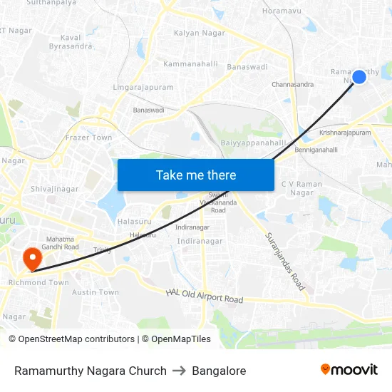 Ramamurthy Nagara Church to Bangalore map