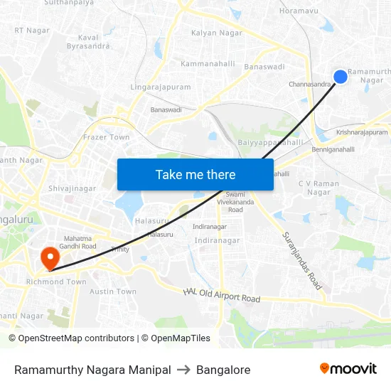 Ramamurthy Nagara Manipal to Bangalore map