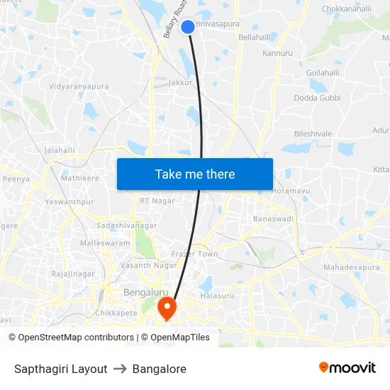Sapthagiri Layout to Bangalore map