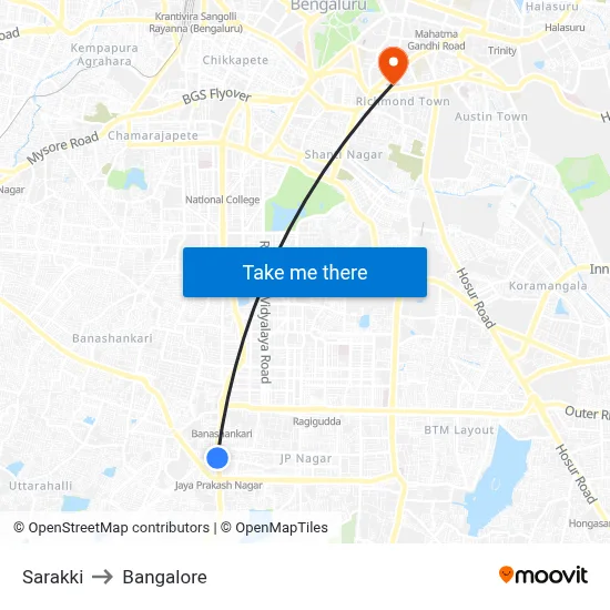 Sarakki to Bangalore map