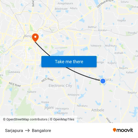 Sarjapura to Bangalore map