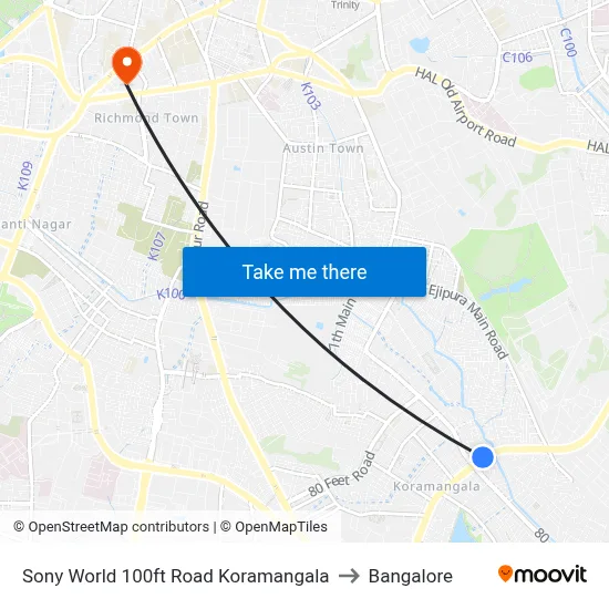 Sony World 100ft Road  Koramangala to Bangalore map