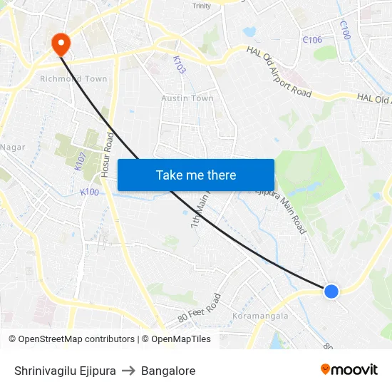 Shrinivagilu Ejipura to Bangalore map