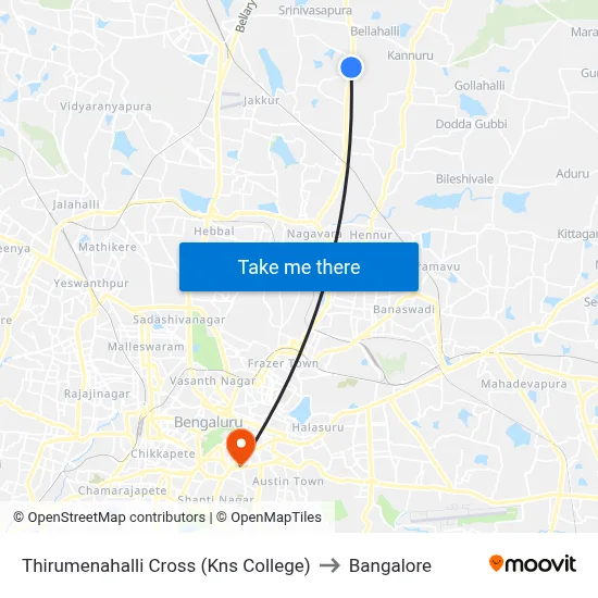 Thirumenahalli Cross (Kns College) to Bangalore map