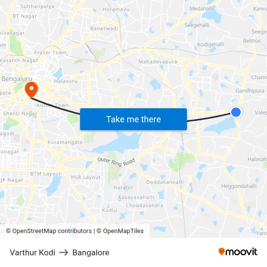 Varthur Kodi to Bangalore map
