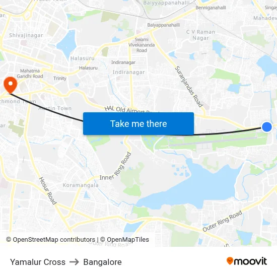 Yamalur Cross to Bangalore map
