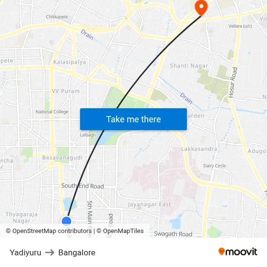 Yadiyuru to Bangalore map