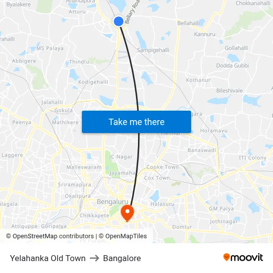 Yelahanka Old Town to Bangalore map