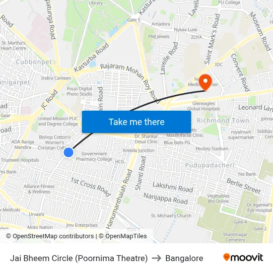 Jai Bheem Circle (Poornima Theatre) to Bangalore map