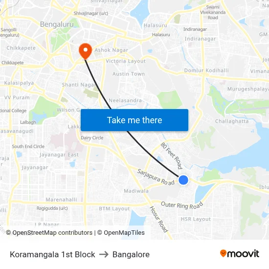 Koramangala 1st Block to Bangalore map