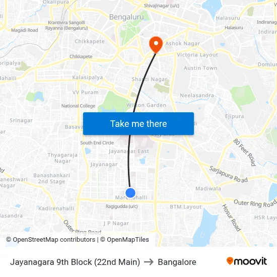 Jayanagara 9th Block (22nd Main) to Bangalore map
