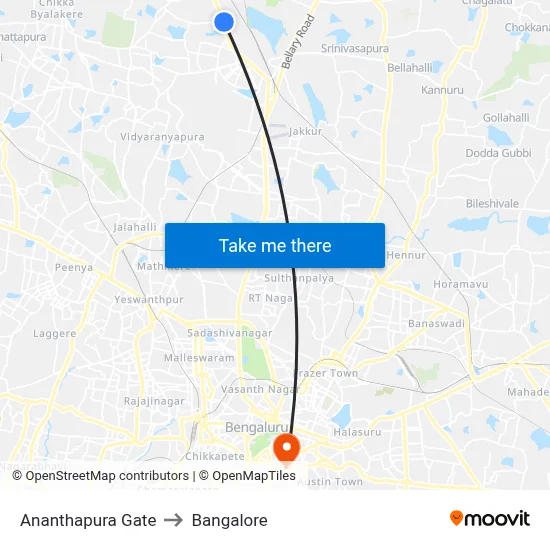 Ananthapura Gate to Bangalore map