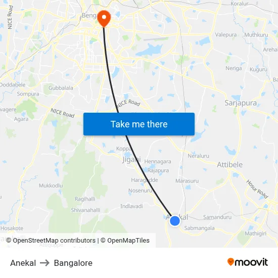 Anekal to Bangalore map
