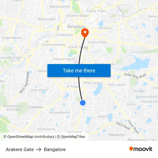 Arakere Gate to Bangalore map