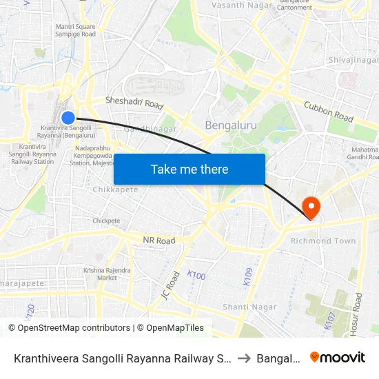 Kranthiveera Sangolli Rayanna Railway Station to Bangalore map