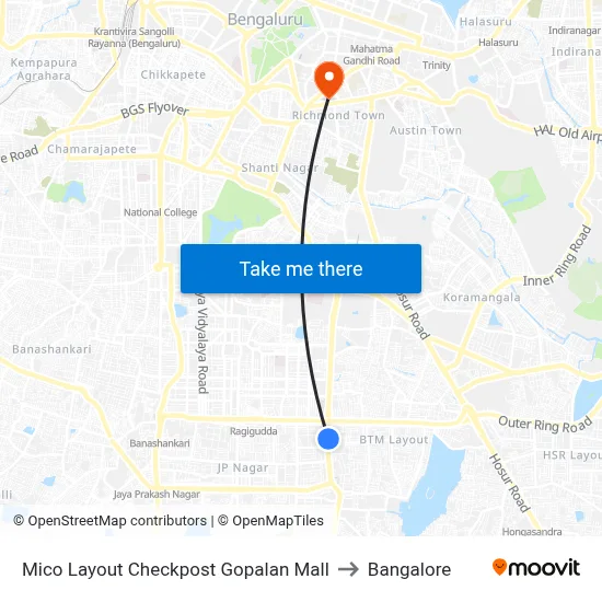 Mico Layout Checkpost Gopalan Mall to Bangalore map