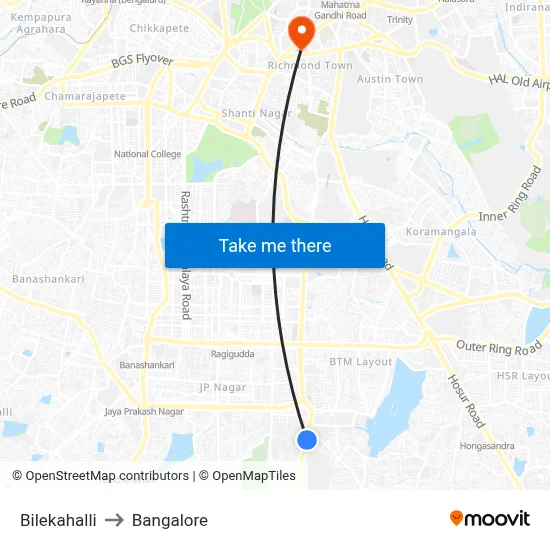 Bilekahalli to Bangalore map