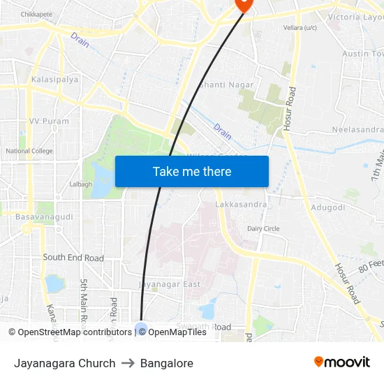 Jayanagara Church to Bangalore map