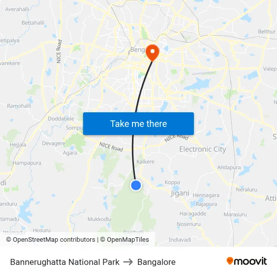 Bannerughatta National Park to Bangalore map