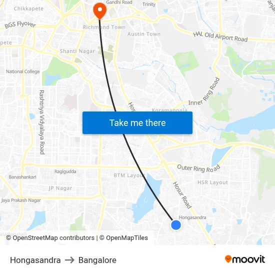 Hongasandra to Bangalore map
