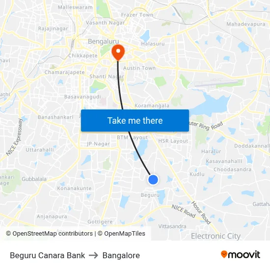 Beguru Canara Bank to Bangalore map