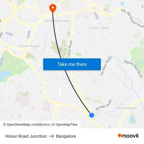 Hosur Road Junction to Bangalore map