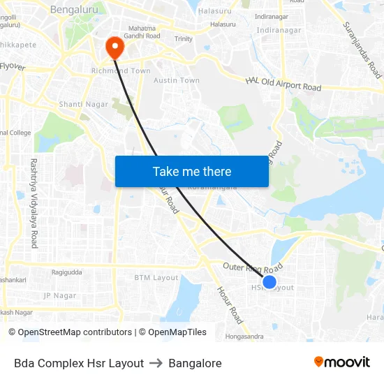 Bda Complex Hsr Layout to Bangalore map