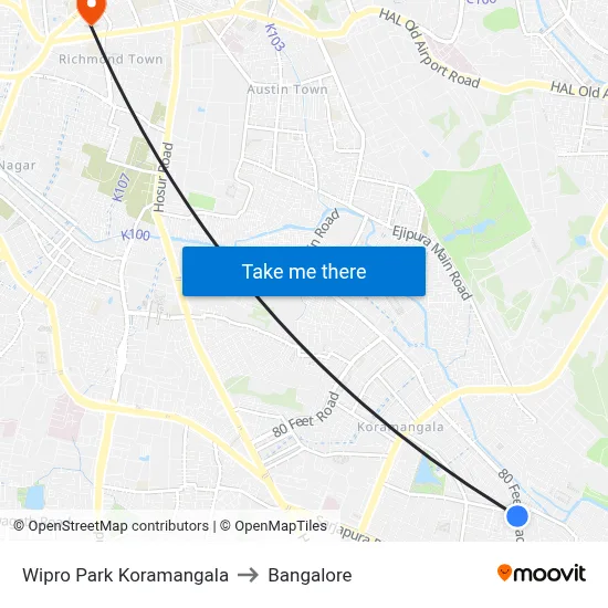Wipro Park Koramangala to Bangalore map