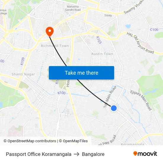 Passport Office Koramangala to Bangalore map