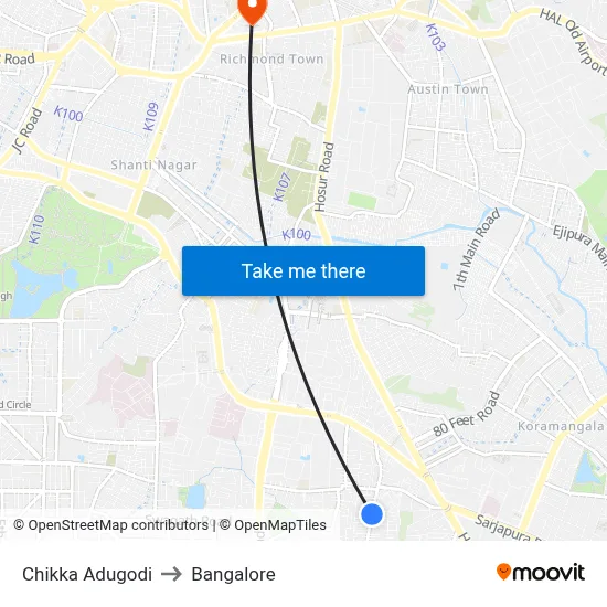 Chikka Adugodi to Bangalore map