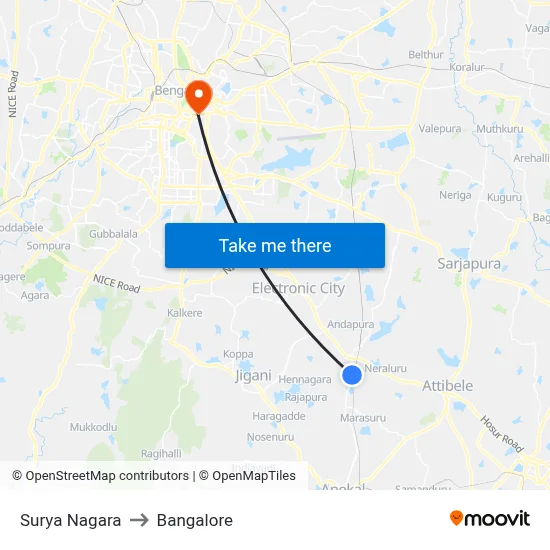 Surya Nagara to Bangalore map
