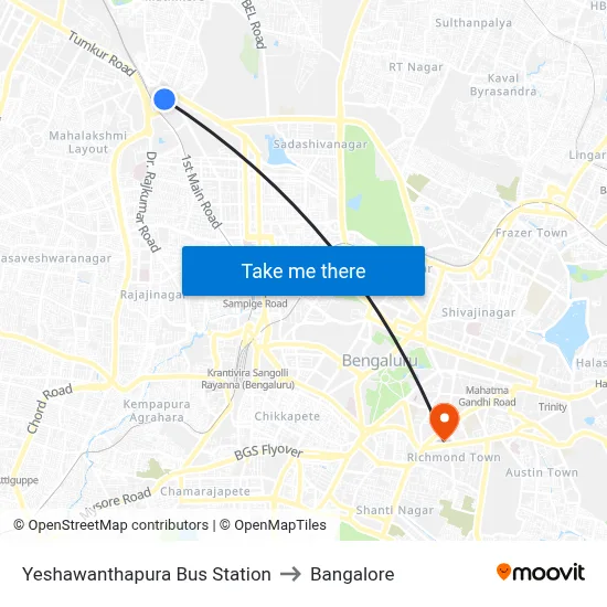 Yeshawanthapura Bus Station to Bangalore map