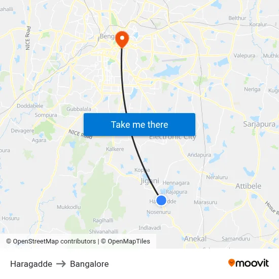 Haragadde to Bangalore map
