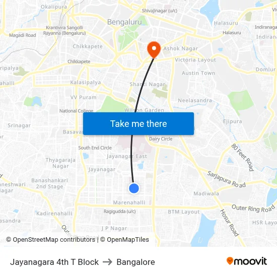 Jayanagara 4th T Block to Bangalore map