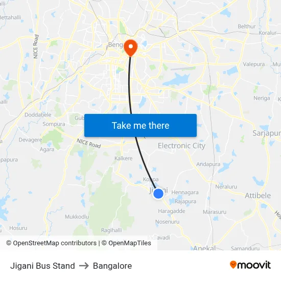 Jigani Bus Stand to Bangalore map