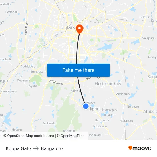 Koppa Gate to Bangalore map