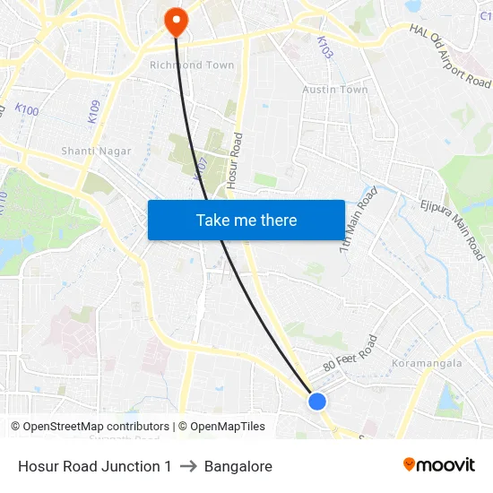 Hosur Road Junction 1 to Bangalore map