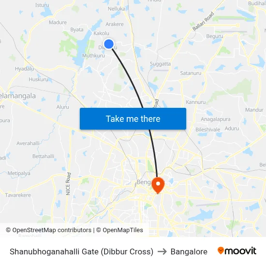 Shanubhoganahalli Gate (Dibbur Cross) to Bangalore map