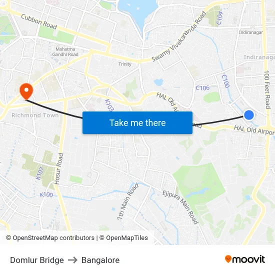 Domlur Bridge to Bangalore map