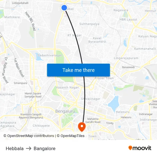 Hebbala to Bangalore map