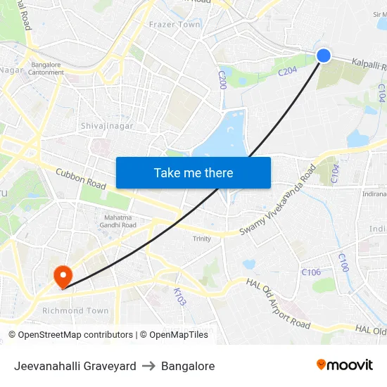 Jeevanahalli Graveyard to Bangalore map