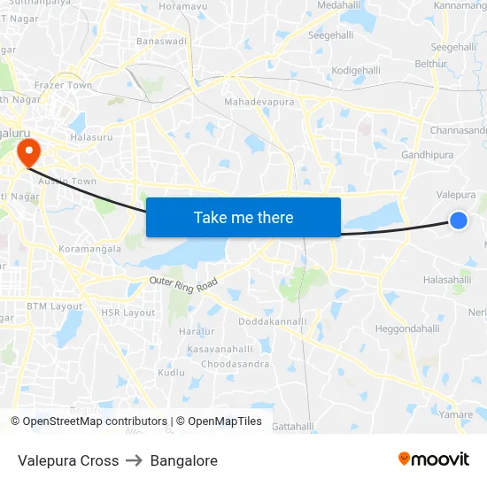 Valepura Cross to Bangalore map