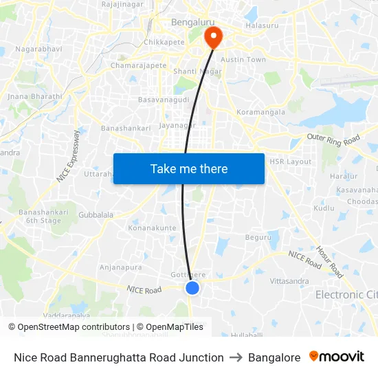 Nice Road Bannerughatta Road Junction to Bangalore map