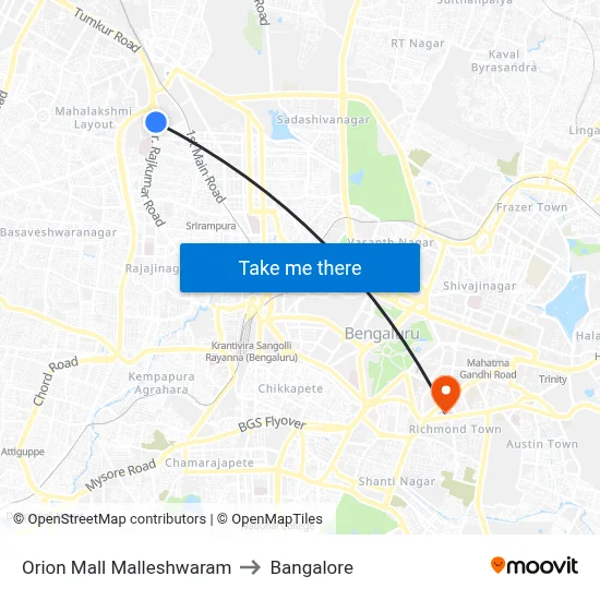 Orion Mall Malleshwaram to Bangalore map