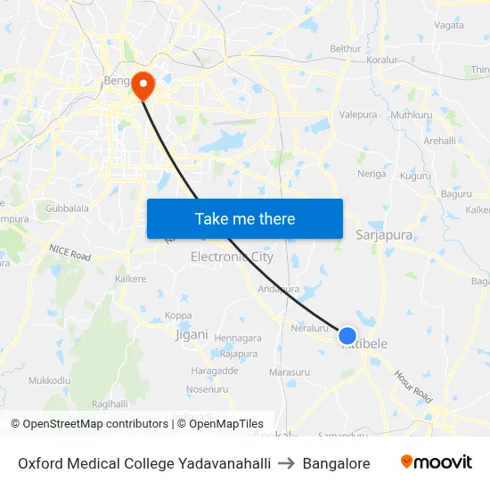 Oxford Medical College Yadavanahalli to Bangalore map