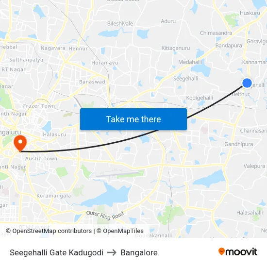 Seegehalli Gate Kadugodi to Bangalore map