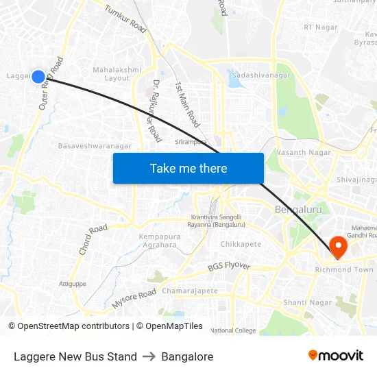 Laggere New Bus Stand to Bangalore map