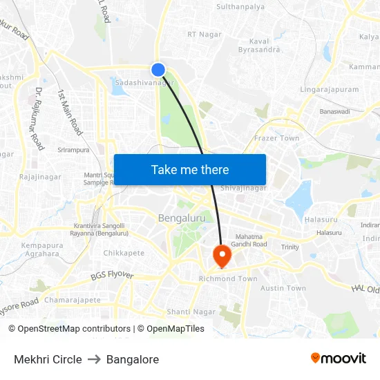 Mekhri Circle to Bangalore map